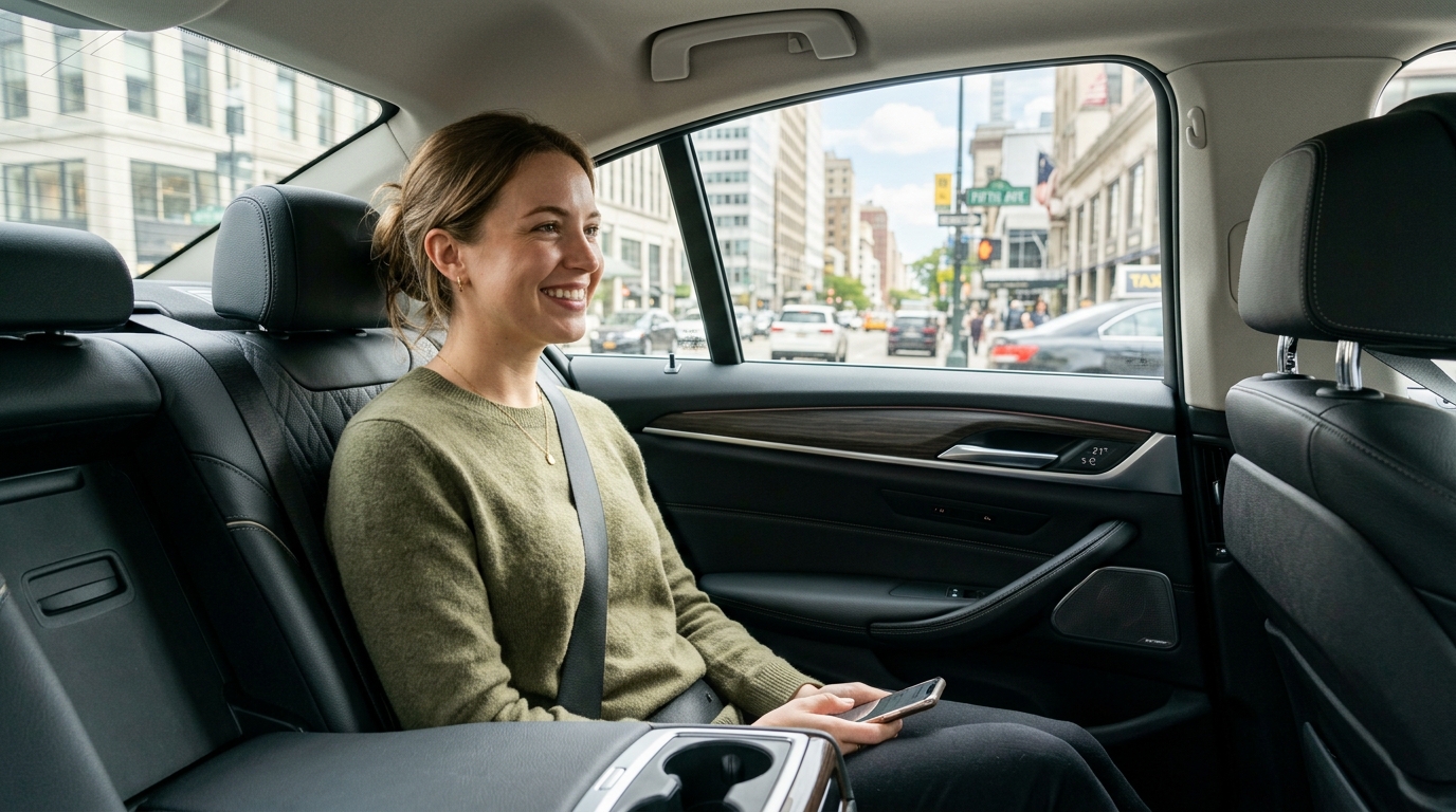Passageira viajando com conforto no banco de trás de um carro da Urbano+